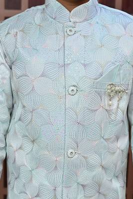 Boys satin sequined floral embroidered sherwani set- sky blue 4