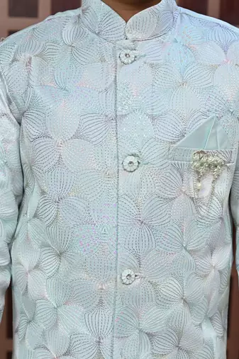 Boys satin sequined floral embroidered sherwani set- sky blue