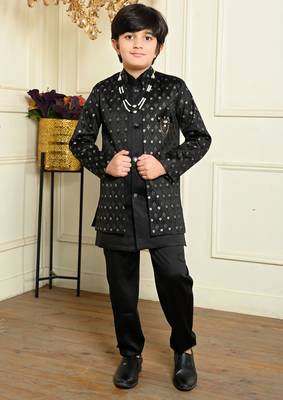 Boys satin geometric sequined embroidered sherwani set- black 1