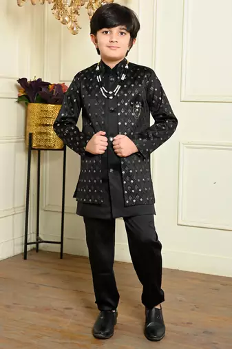 Boys satin geometric sequined embroidered sherwani set- black