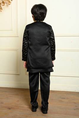 Boys satin geometric sequined embroidered sherwani set- black 2