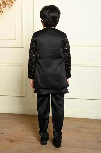 Boys satin geometric sequined embroidered sherwani set- black
