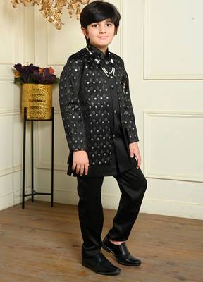 Boys satin geometric sequined embroidered sherwani set- black 3