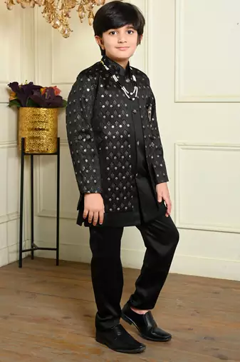 Boys satin geometric sequined embroidered sherwani set- black