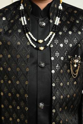 Boys satin geometric sequined embroidered sherwani set- black 4