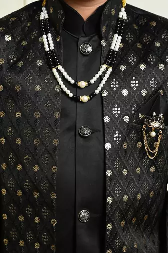 Boys satin geometric sequined embroidered sherwani set- black