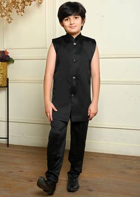 Boys satin geometric sequined embroidered sherwani set- black 5