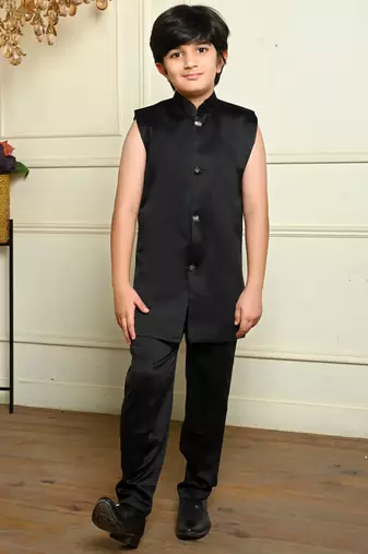 Boys satin geometric sequined embroidered sherwani set- black
