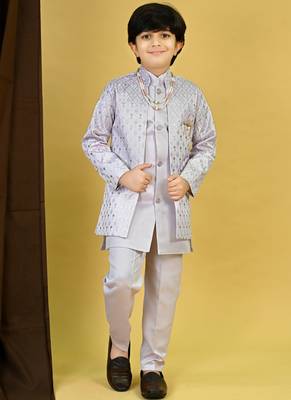 Boys satin geometric sequined embroidered sherwani set- lavender 1