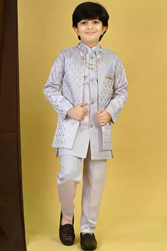 Boys satin geometric sequined embroidered sherwani set- lavender