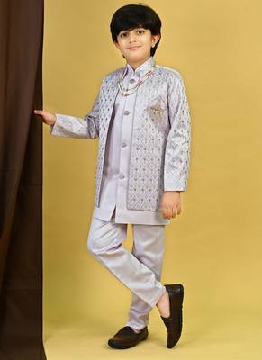 Boys satin geometric sequined embroidered sherwani set- lavender 3