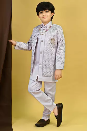 Boys satin geometric sequined embroidered sherwani set- lavender