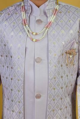 Boys satin geometric sequined embroidered sherwani set- lavender 4