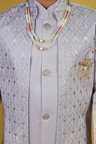 Boys satin geometric sequined embroidered sherwani set- lavender