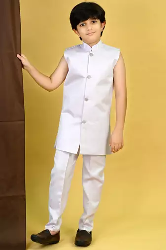 Boys satin geometric sequined embroidered sherwani set- lavender