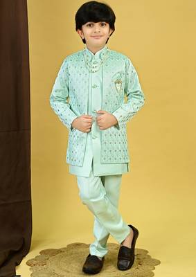Boys satin geometric sequined embroidered sherwani set- sky blue 1