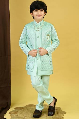Boys satin geometric sequined embroidered sherwani set- sky blue