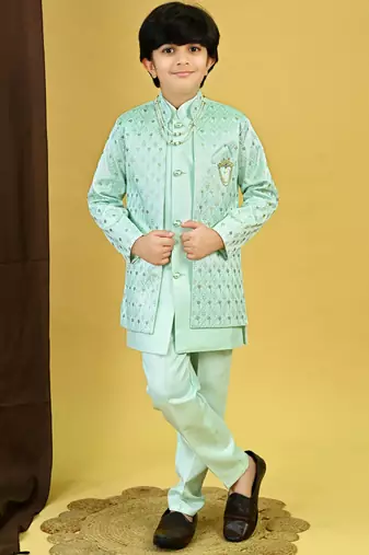 Boys satin geometric sequined embroidered sherwani set- sky blue