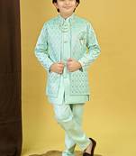 Boys satin geometric sequined embroidered sherwani set- sky blue