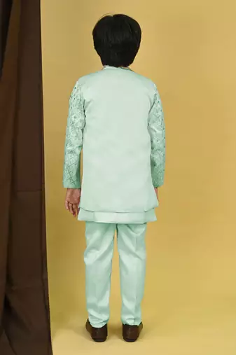 Boys satin geometric sequined embroidered sherwani set- sky blue