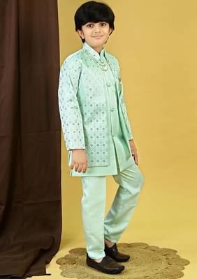 Boys satin geometric sequined embroidered sherwani set- sky blue 3
