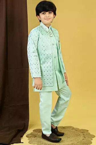 Boys satin geometric sequined embroidered sherwani set- sky blue