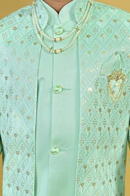 Boys satin geometric sequined embroidered sherwani set- sky blue 4