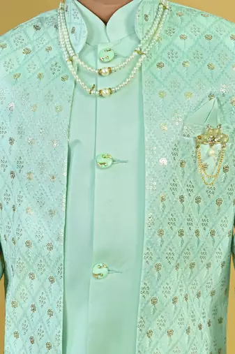 Boys satin geometric sequined embroidered sherwani set- sky blue
