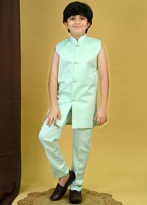 Boys satin geometric sequined embroidered sherwani set- sky blue 5