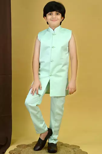 Boys satin geometric sequined embroidered sherwani set- sky blue