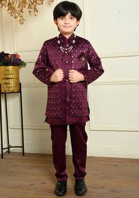 Boys satin geometric sequined embroidered sherwani set- wine 1