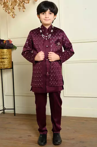 Boys satin geometric sequined embroidered sherwani set- wine