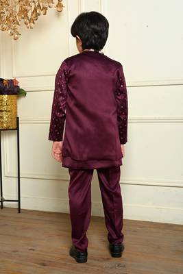 Boys satin geometric sequined embroidered sherwani set- wine 2