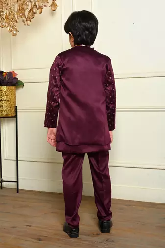 Boys satin geometric sequined embroidered sherwani set- wine