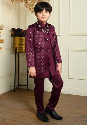 Boys satin geometric sequined embroidered sherwani set- wine 3