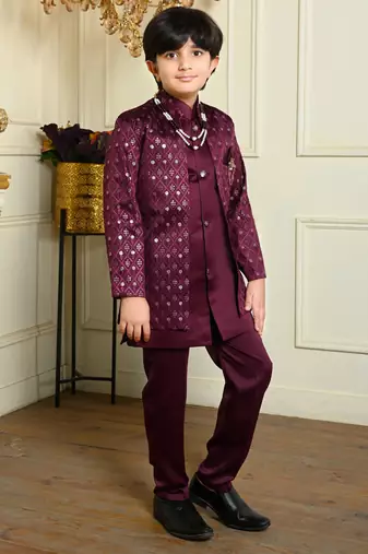 Boys satin geometric sequined embroidered sherwani set- wine