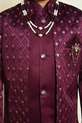 Boys satin geometric sequined embroidered sherwani set- wine 4