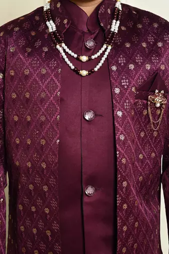 Boys satin geometric sequined embroidered sherwani set- wine