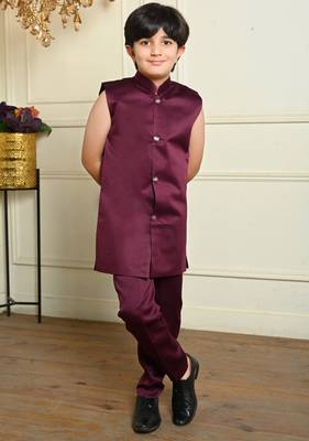 Boys satin geometric sequined embroidered sherwani set- wine 5