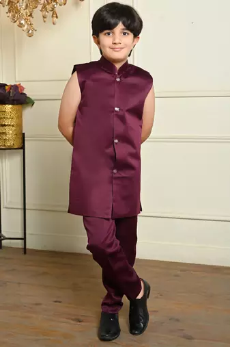 Boys satin geometric sequined embroidered sherwani set- wine