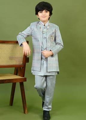 Boys satin chevron sequined embroidered sherwani set- grey 1