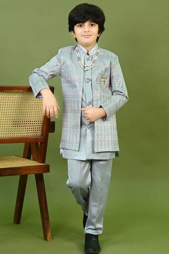Boys satin chevron sequined embroidered sherwani set- grey