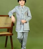 Boys satin chevron sequined embroidered sherwani set- grey