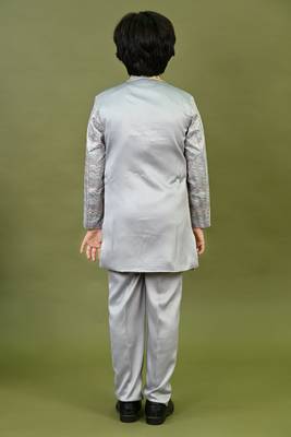 Boys satin chevron sequined embroidered sherwani set- grey 2