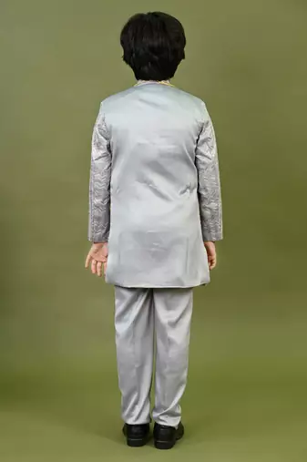 Boys satin chevron sequined embroidered sherwani set- grey