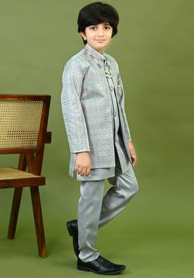 Boys satin chevron sequined embroidered sherwani set- grey 3