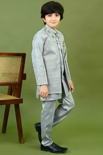 Boys satin chevron sequined embroidered sherwani set- grey