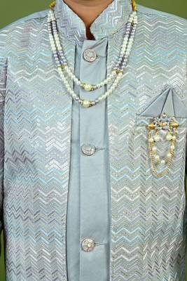 Boys satin chevron sequined embroidered sherwani set- grey 4