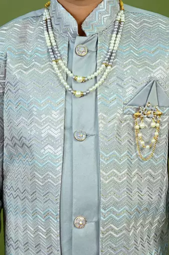 Boys satin chevron sequined embroidered sherwani set- grey