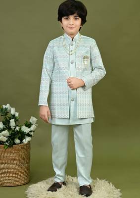 Boys satin chevron sequined embroidered sherwani set- light blue 1